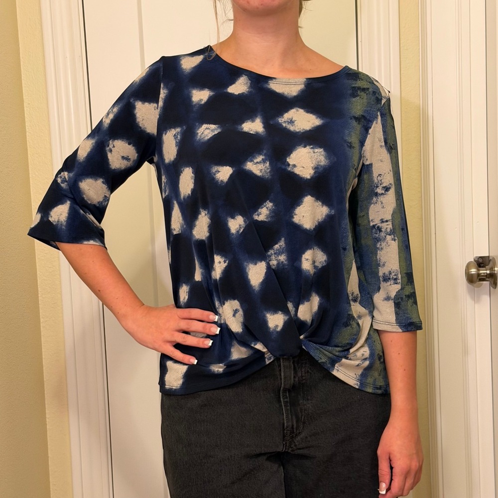 Clara Sun Woo medium 3/4 sleeve boatneck slinky blue tan black cinch top MINT!